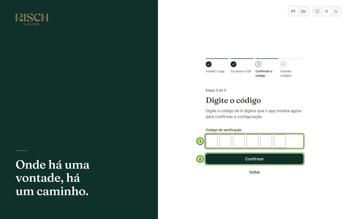 Terceira etapa, Digite o código, com os seis quadradinhos do código e o botão Confirmar