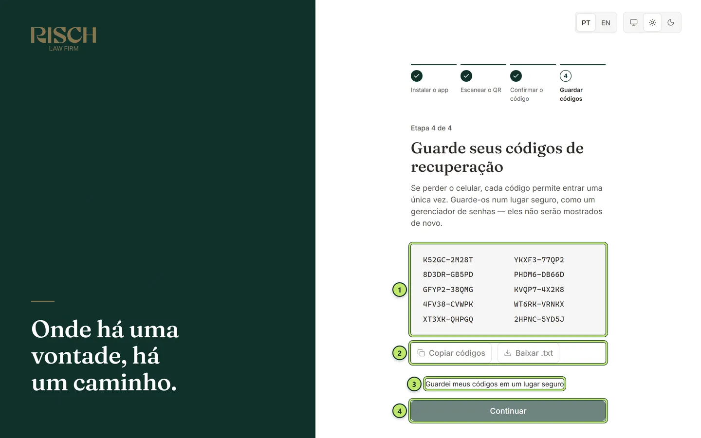 Quarta etapa, Guarde seus códigos de recuperação, com dez códigos, os botões Copiar códigos e Baixar .txt, a caixa Guardei meus códigos em um lugar seguro e o botão Continuar