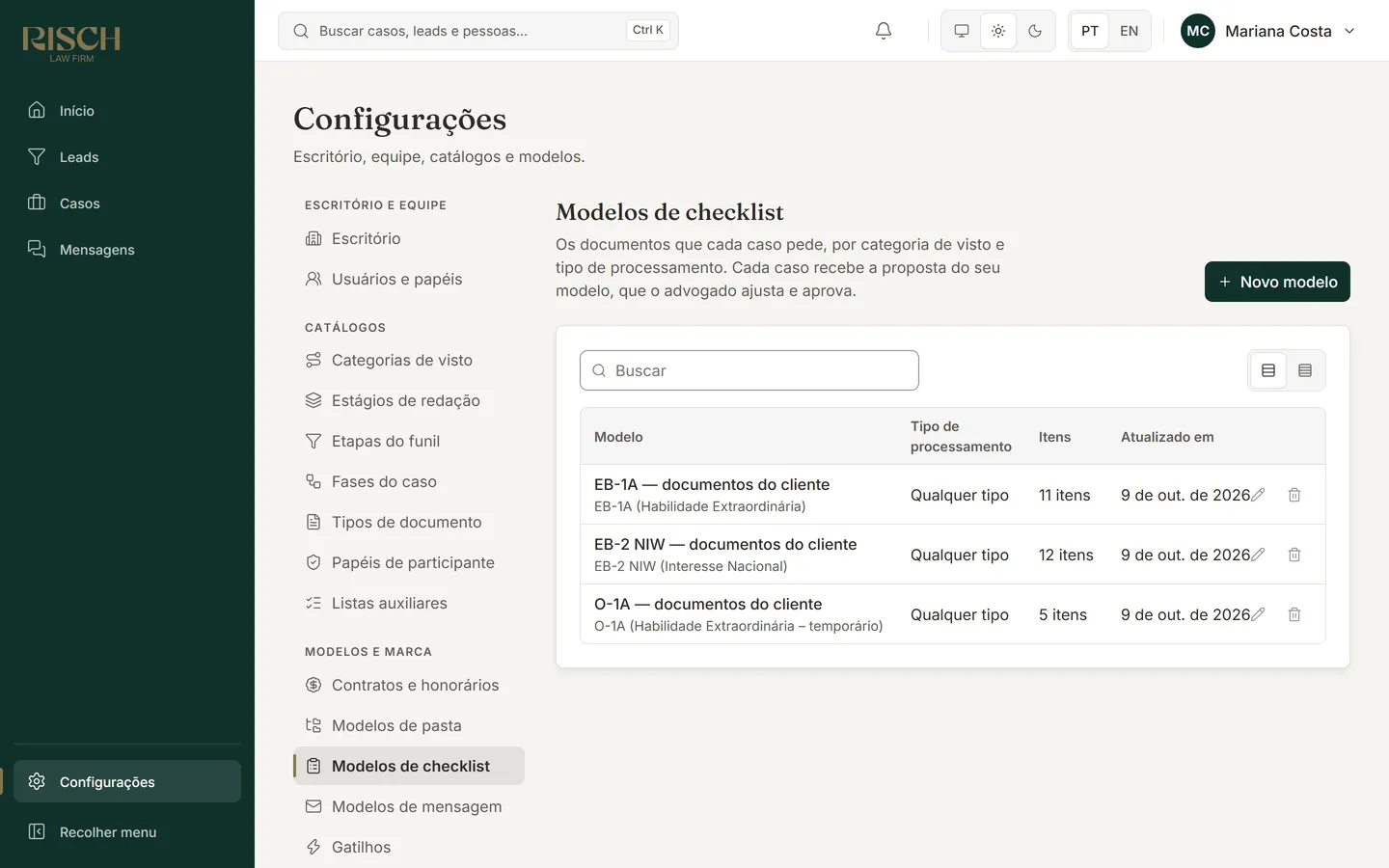 Lista de modelos de checklist com o nome e a categoria, o tipo de processamento, o número de itens e a data de atualização