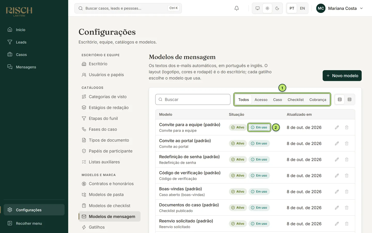 Lista de modelos de mensagem com o filtro de gatilhos, o nome e o gatilho de cada modelo, os selos Ativo e Em uso e a data de atualização
