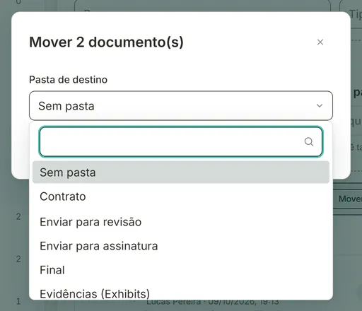 Janela Mover 2 documento(s) com a lista de pastas de destino aberta