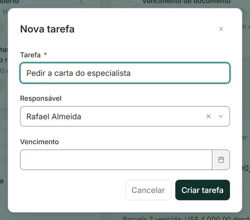 Janela Nova tarefa com os campos Tarefa, Responsável e Vencimento e o botão Criar tarefa
