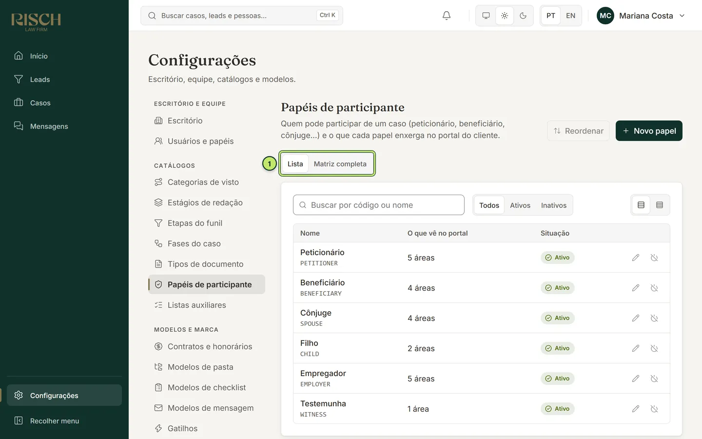 Lista de papéis de participante com a coluna O que vê no portal e a escolha de visão Lista ou Matriz completa