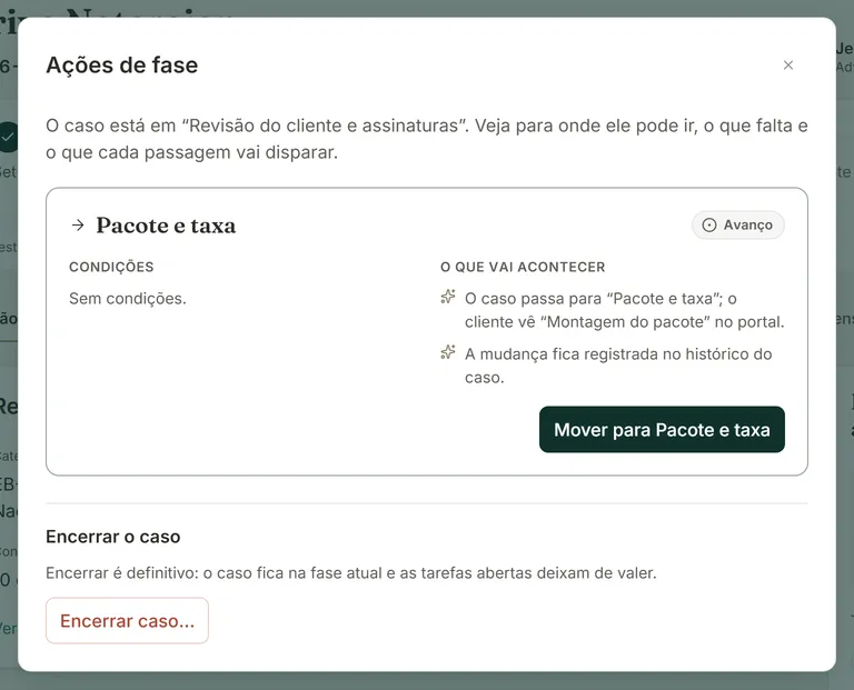 Diálogo Ações de fase com uma passagem sem condições e o botão Mover para ligado