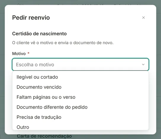Janela Pedir reenvio da Certidão de nascimento com a lista de motivos aberta e o campo Detalhe (opcional)