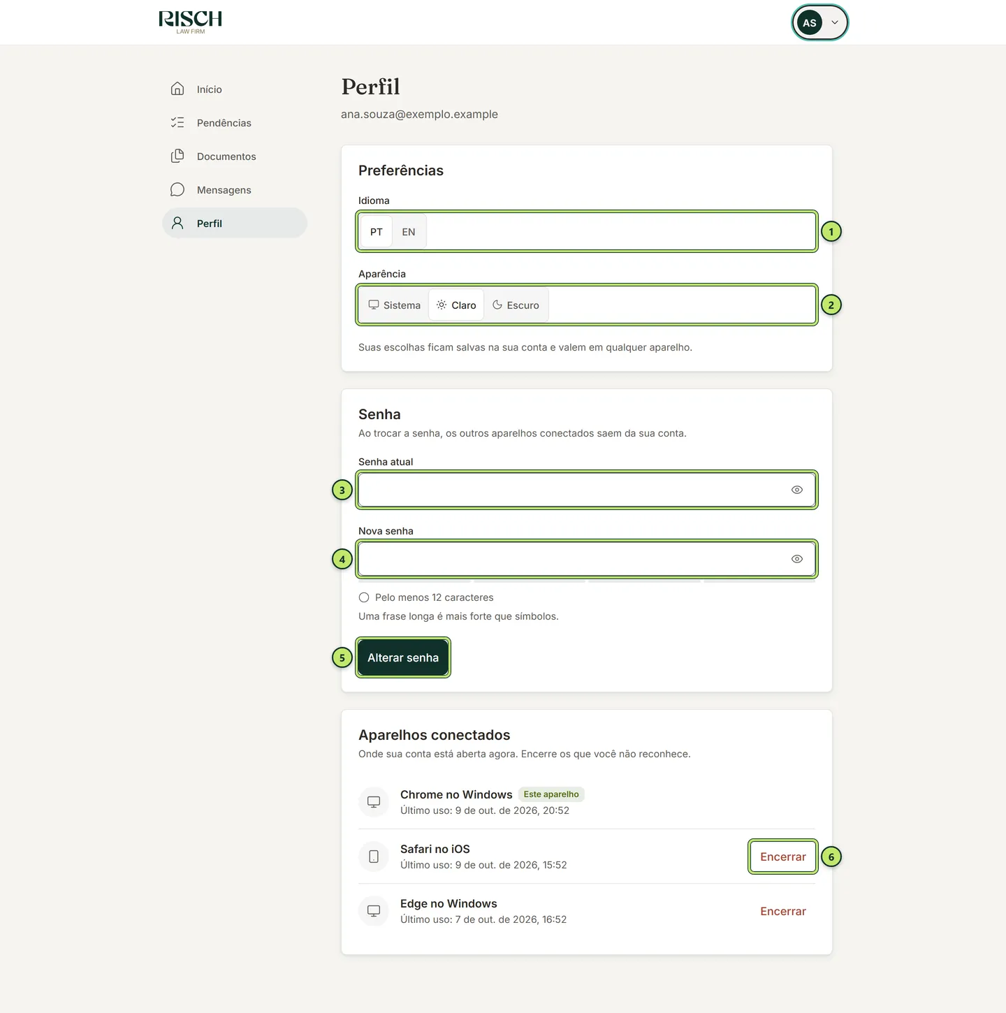 Página Perfil do portal com os cartões Preferências, Senha e Aparelhos conectados