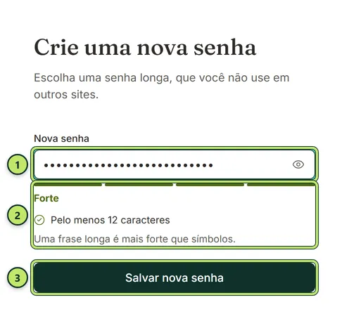 Tela Crie uma nova senha com o campo Nova senha preenchido, o medidor de força e o botão Salvar nova senha