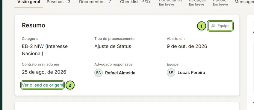Cartão Resumo com categoria, tipo de processamento, datas de abertura e de assinatura do contrato, advogado responsável, equipe e o link Ver o lead de origem
