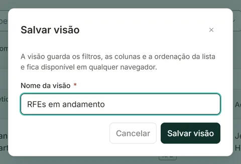 Janela Salvar visão com o campo Nome da visão preenchido e os botões Cancelar e Salvar visão