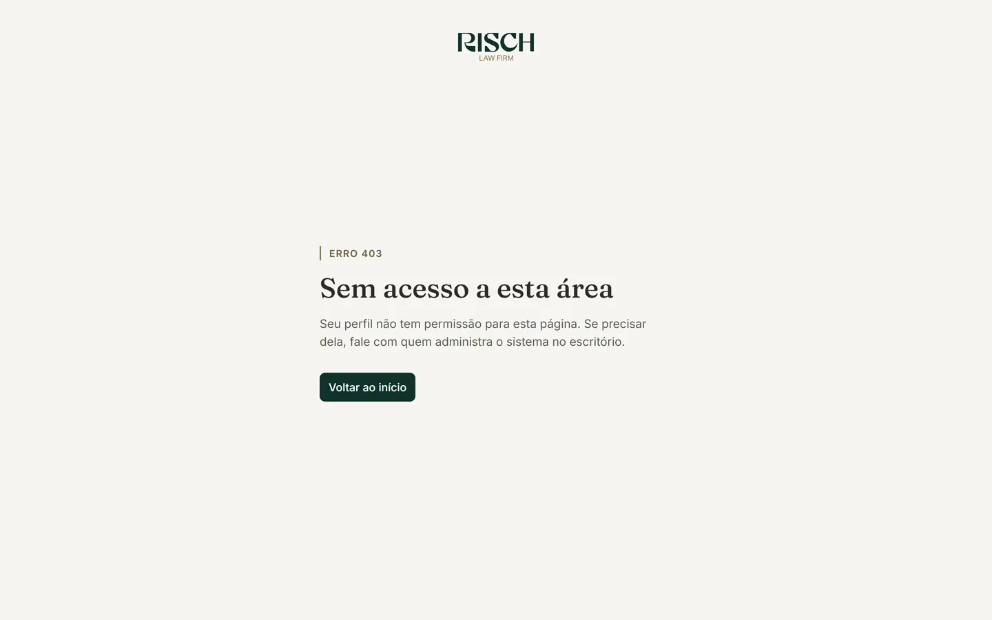Página Erro 403, Sem acesso a esta área, com o logotipo do escritório e o botão Voltar ao início