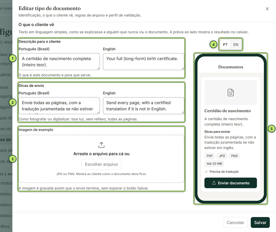 Gaveta da Certidão de nascimento com os campos Descrição para o cliente e Dicas de envio em português e inglês e, ao lado, a prévia de um celular com o cartão do documento
