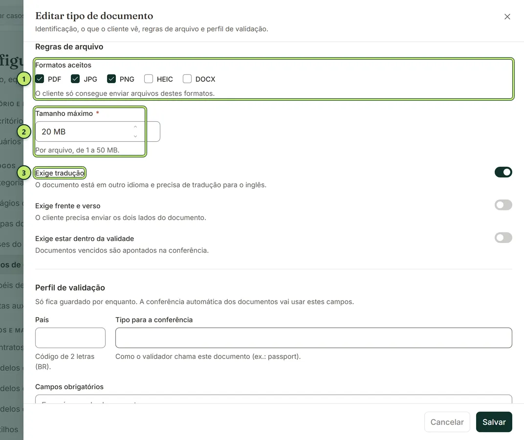 Bloco Regras de arquivo com os formatos aceitos, o tamanho máximo e as chaves de tradução, frente e verso e validade
