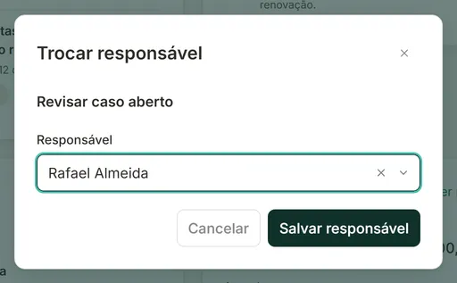 Janela Trocar responsável com o nome da tarefa, o campo Responsável e o botão Salvar responsável