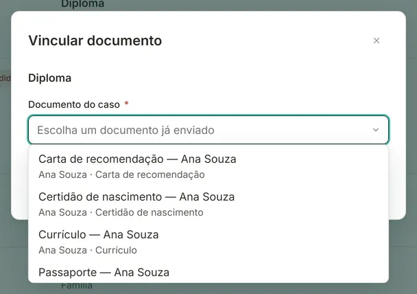 Janela Vincular documento com a lista dos documentos do caso aberta