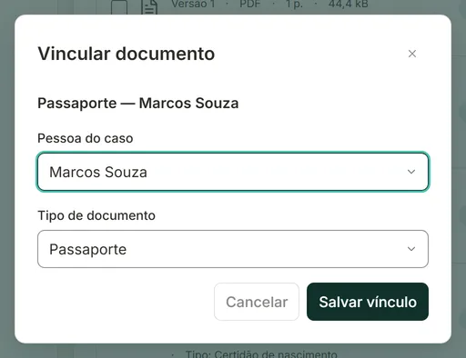 Janela Vincular documento com os campos Pessoa do caso e Tipo de documento