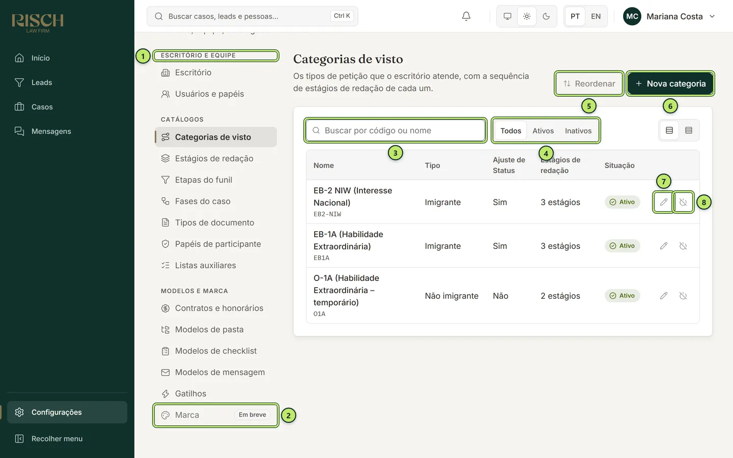 Área de Configurações aberta em Categorias de visto, com o menu de seções à esquerda e a lista de categorias à direita; os números marcam cada parte