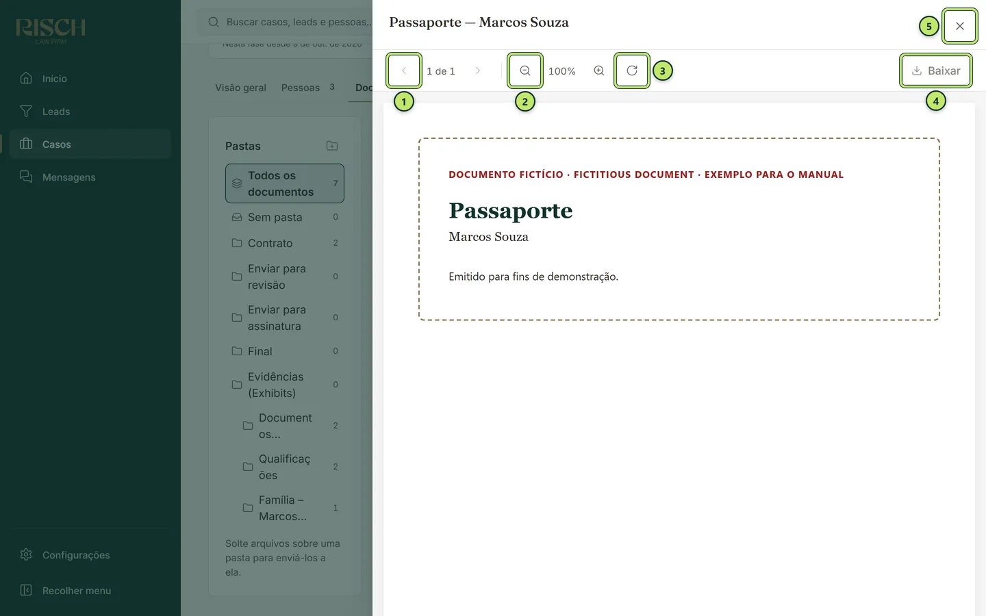 Visualizador aberto com o passaporte do Marcos Souza, a barra de páginas, zoom, girar, Baixar e Fechar